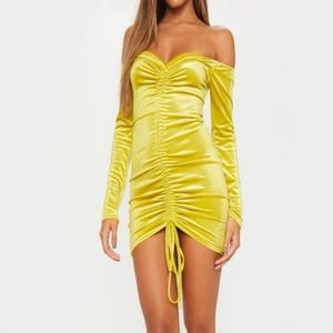 Chartreuse Velvet Bardot Long Sleeve Ruched Bodycon Dress